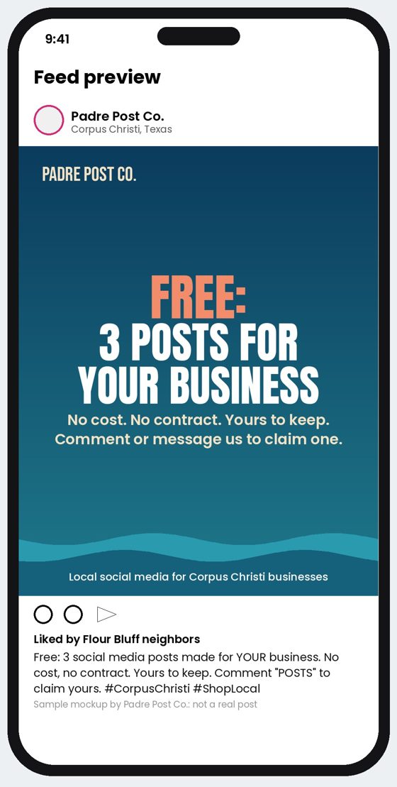 Phone showing a Padre Post Co. post offering 3 free social media posts for local businesses