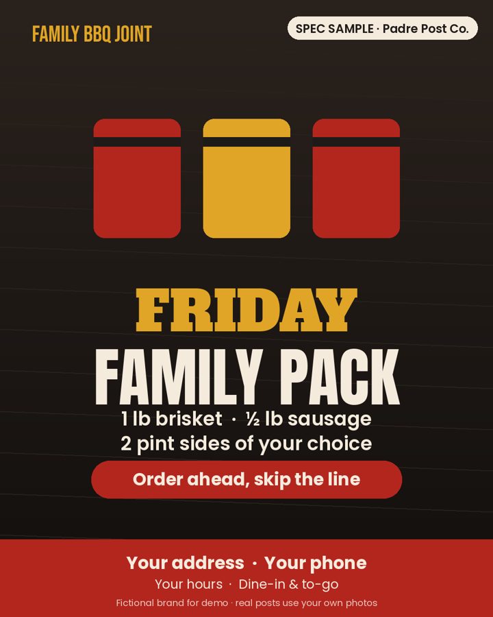 Spec sample post for a fictional barbecue restaurant: Friday family pack graphic