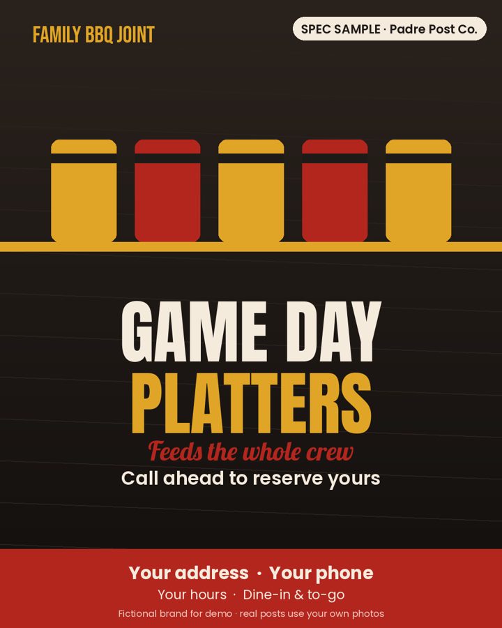 Spec sample post for a fictional barbecue restaurant: game day platters graphic