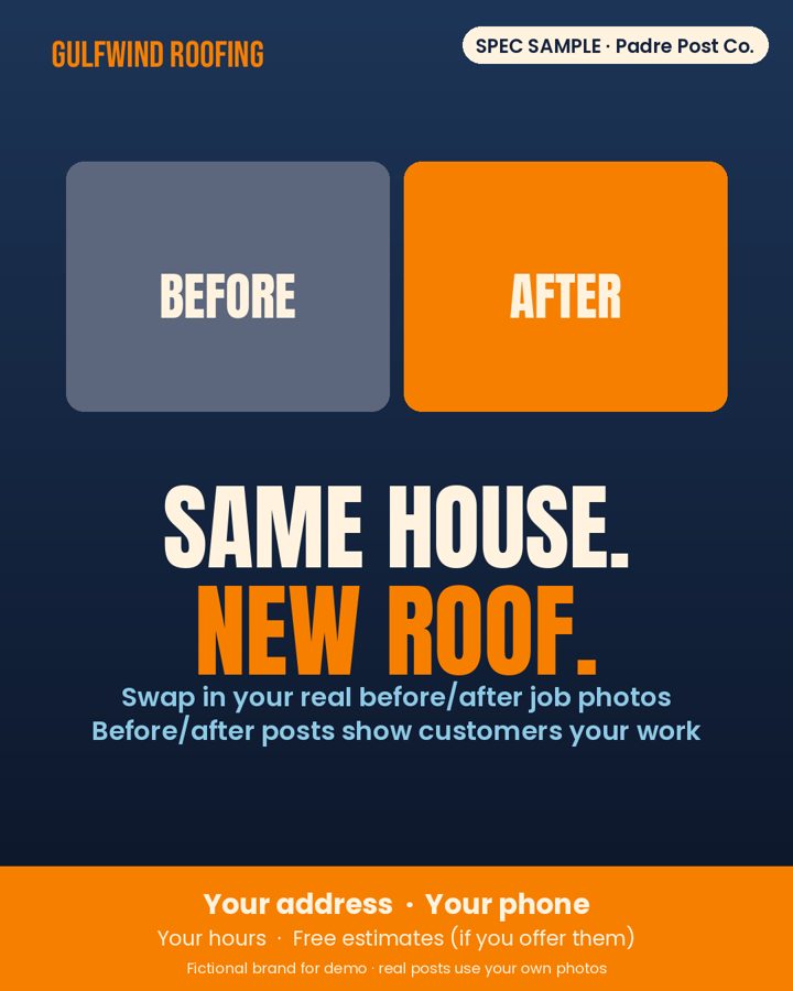 Spec sample post for a fictional roofing contractor: before and after roof job graphic