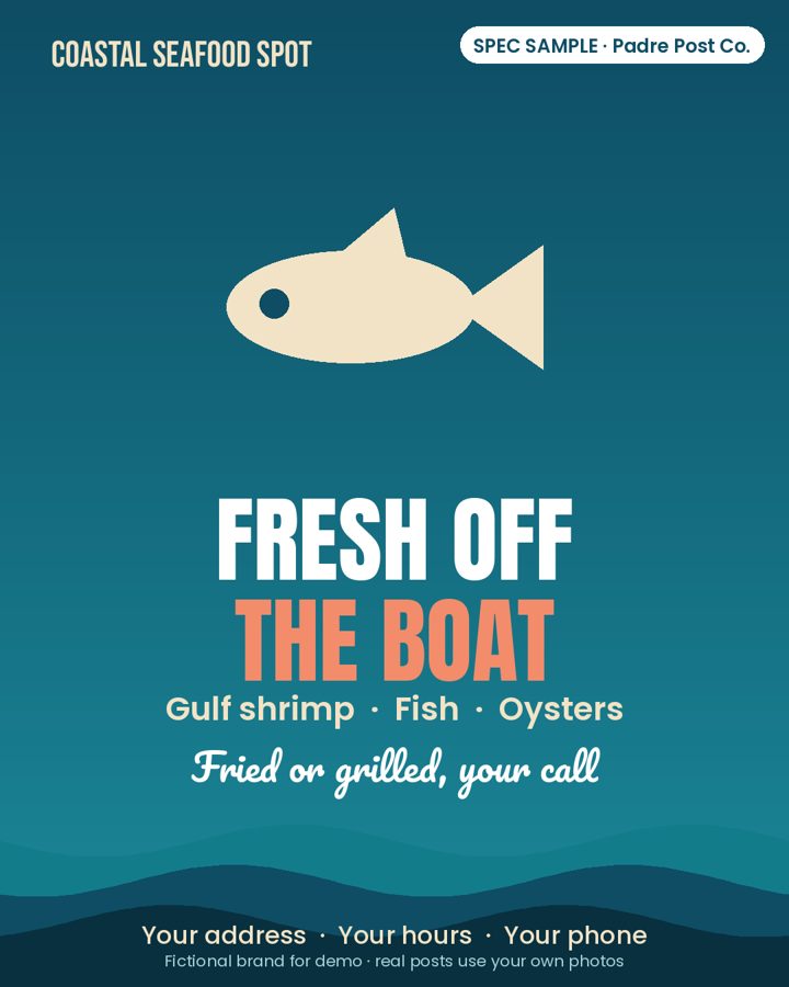 Spec sample post for a fictional seafood restaurant: 'Fresh off the boat' graphic