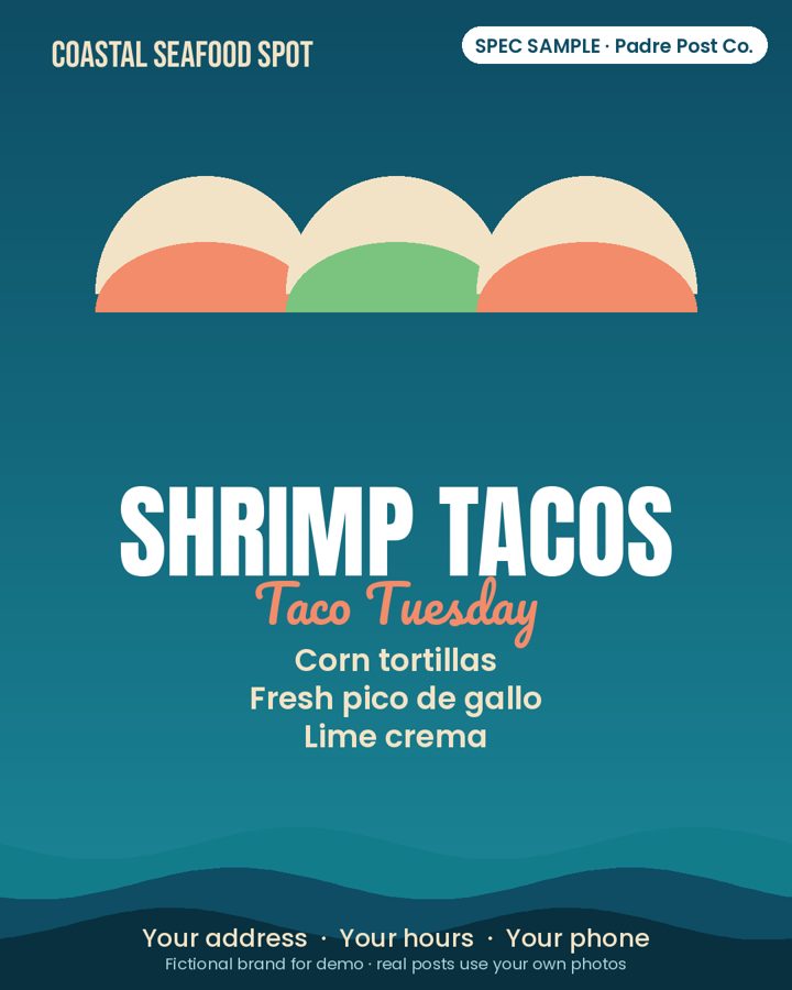 Spec sample post for a fictional seafood restaurant: Taco Tuesday shrimp tacos graphic