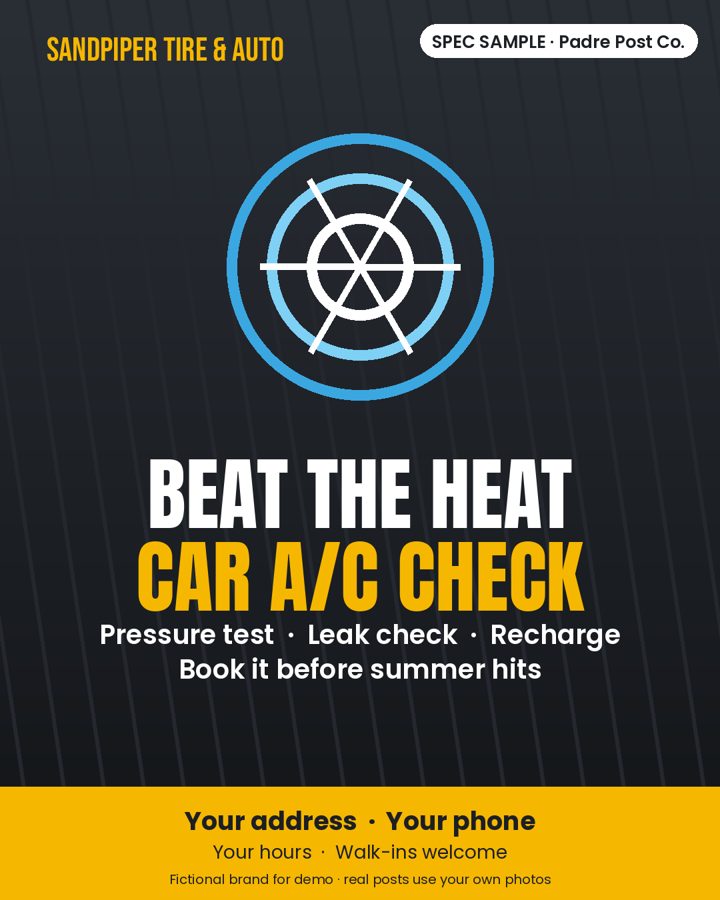 Spec sample post for a fictional tire and auto shop: car A/C check graphic